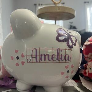 White Piggy Bank with Pink and Purple Accents
